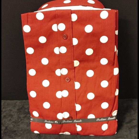 FORTINO LANDI RED/ WHITE POLKA DOT DRESS SHIRT. - Picture 2 of 5